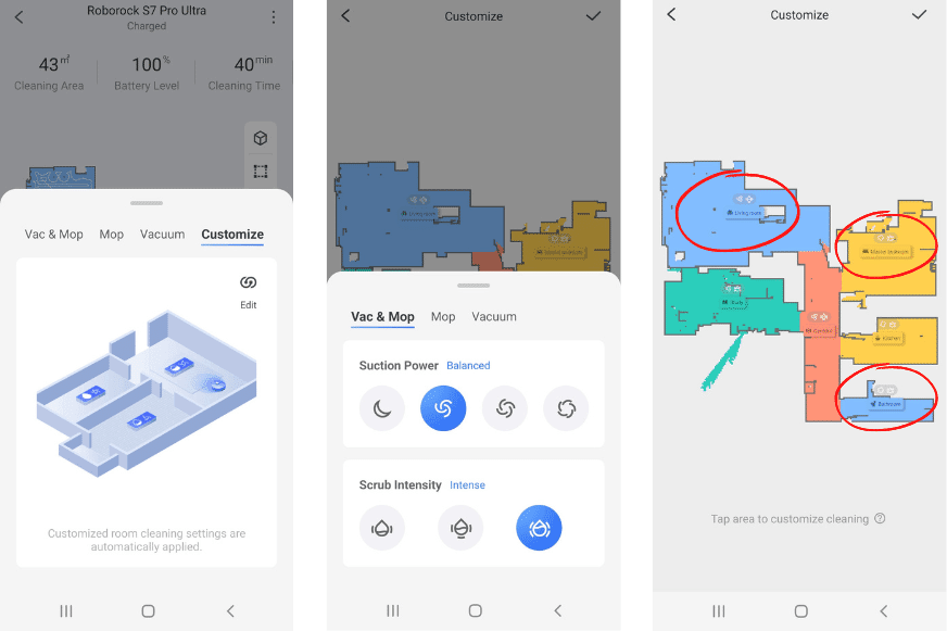 Мощность всасывания и интенсивность подачи воды регулируются с помощью приложения Roborock S7 Pro Ultra.